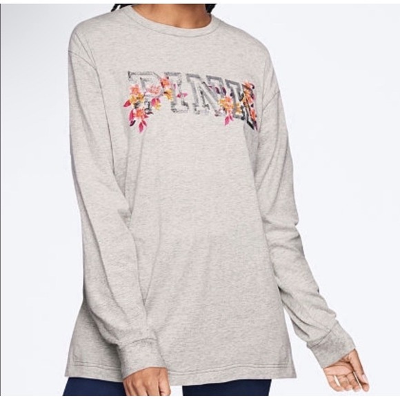 Victoria's Secret PINK Gray Bling Campus Long Sleeve Tee Tshirt NWT Sz XS - Picture 2 of 6
